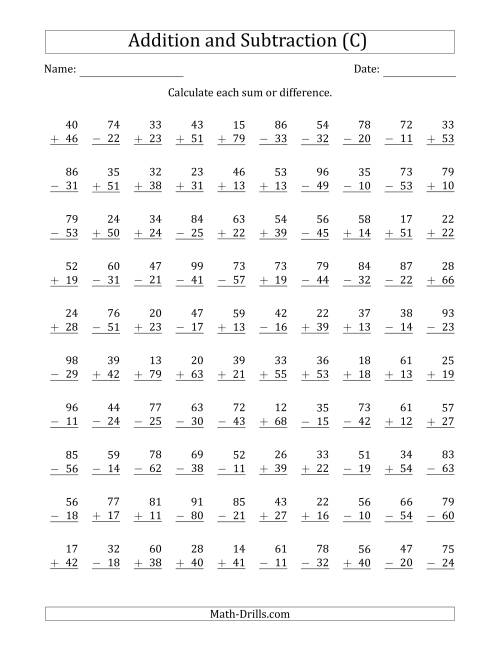The 100 Two-Digit Addition and Subtraction Questions with Sums/Minuends to 99 (C) Math Worksheet
