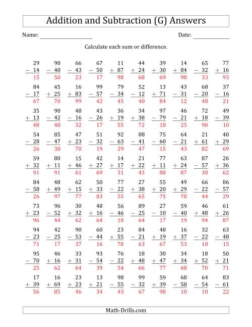 100 Two-Digit Addition and Subtraction Questions with Sums/Minuends to