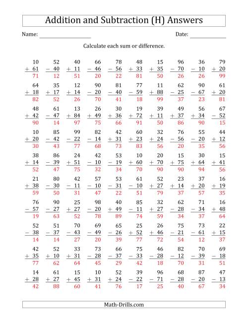 The 100 Two-Digit Addition and Subtraction Questions with Sums/Minuends to 99 (H) Math Worksheet Page 2