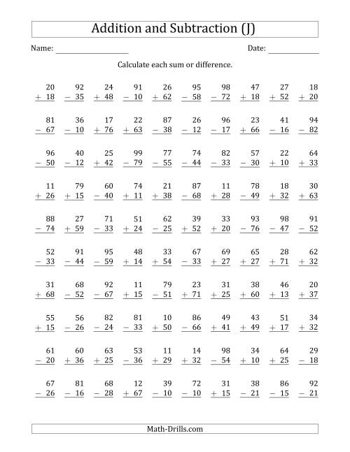 The 100 Two-Digit Addition and Subtraction Questions with Sums/Minuends to 99 (J) Math Worksheet