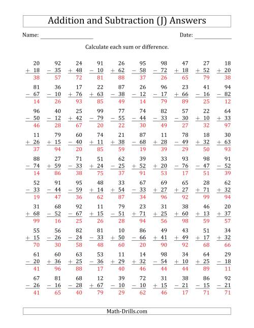 The 100 Two-Digit Addition and Subtraction Questions with Sums/Minuends to 99 (J) Math Worksheet Page 2