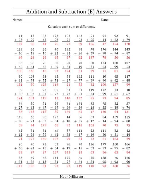 The 100 Two-Digit Addition and Subtraction Questions with Sums/Minuends to 198 (E) Math Worksheet Page 2