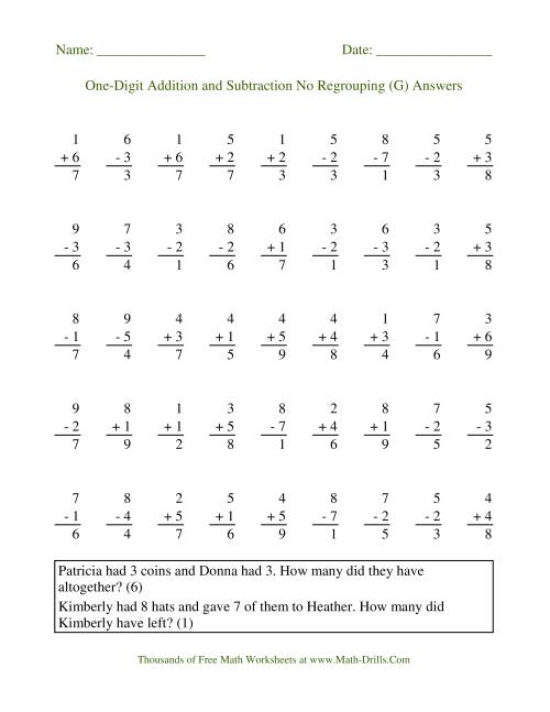 The Adding and Subtracting Single-Digit Numbers -- No Regrouping (G) Math Worksheet Page 2