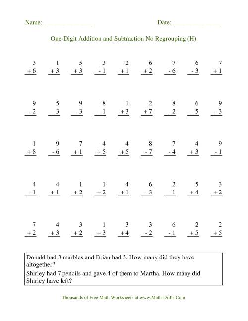 The Adding and Subtracting Single-Digit Numbers -- No Regrouping (H) Math Worksheet