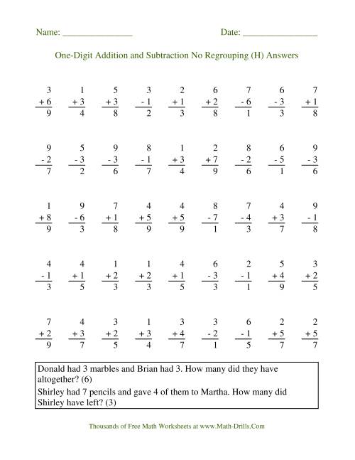 The Adding and Subtracting Single-Digit Numbers -- No Regrouping (H) Math Worksheet Page 2