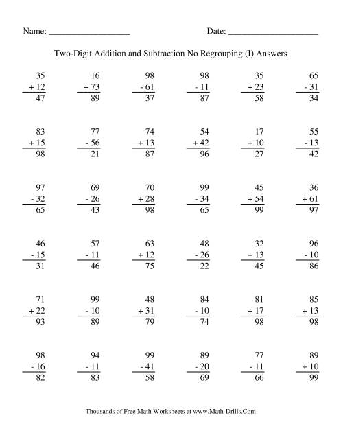 The Adding and Subtracting Two-Digit Numbers -- No Regrouping (I) Math Worksheet Page 2