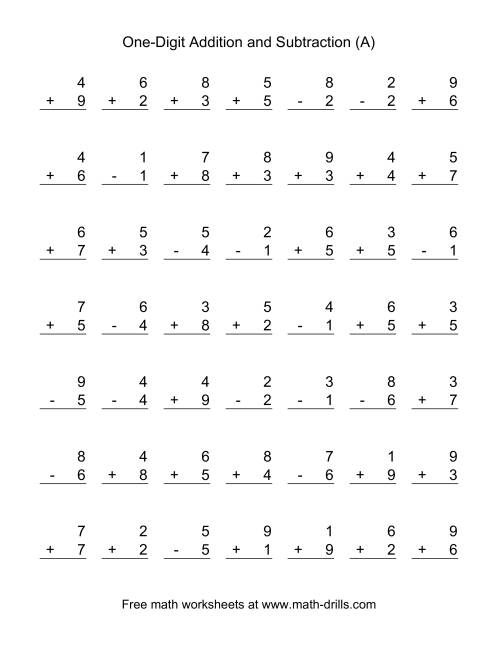 Adding and Subtracting Single Digit Numbers (A) Mixed Operations Worksheet