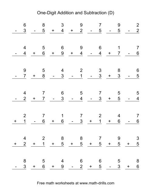 Single Digit Addition And Subtraction Practice Worksheet