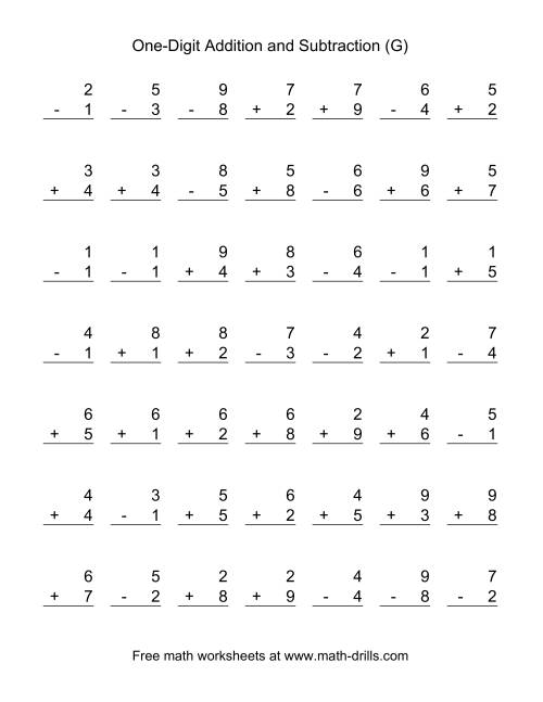 The Adding and Subtracting Single-Digit Numbers (G) Math Worksheet