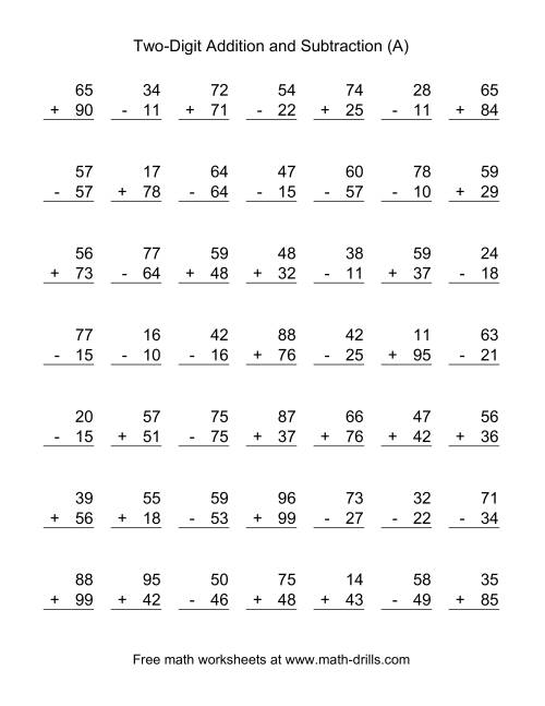 Adding and Subtracting Two Digit Numbers (A) Mixed Operations Worksheet