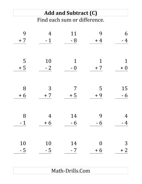 The Adding and Subtracting with Facts From 0 to 9 (C) Math Worksheet