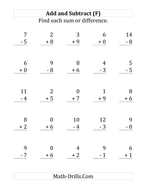 The Adding and Subtracting with Facts From 0 to 9 (F) Math Worksheet