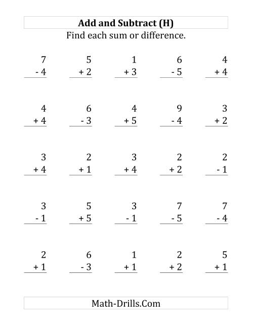 The Adding and Subtracting with Facts From 1 to 5 (H) Math Worksheet