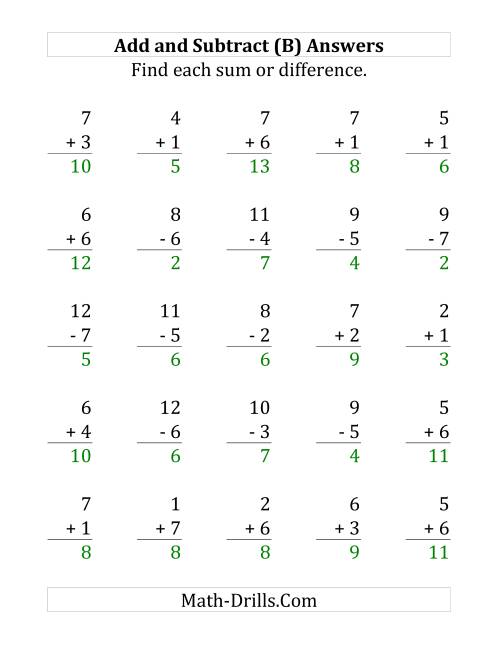 The Adding and Subtracting with Facts From 1 to 7 (B) Math Worksheet Page 2