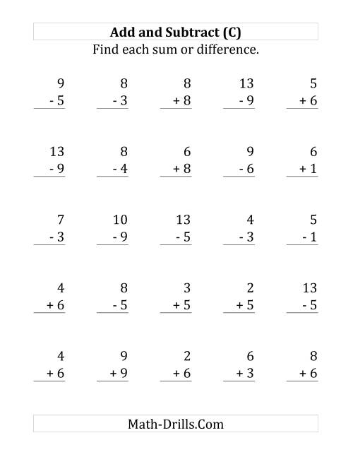 The Adding and Subtracting with Facts From 1 to 9 (C) Math Worksheet