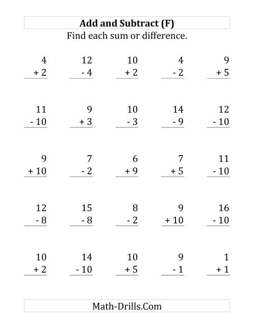 The Adding and Subtracting with Facts From 1 to 10 (F) Math Worksheet