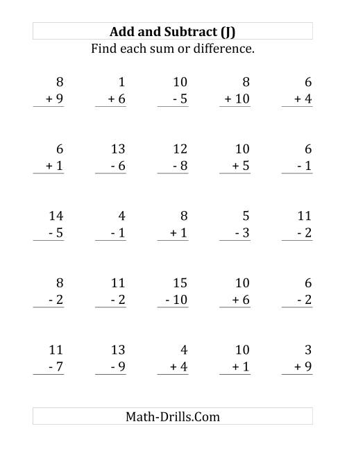 The Adding and Subtracting with Facts From 1 to 10 (J) Math Worksheet