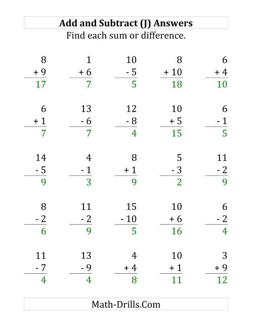 The Adding and Subtracting with Facts From 1 to 10 (J) Math Worksheet Page 2
