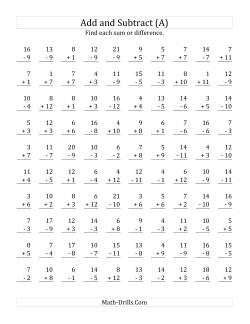 addition and subtraction math sheets