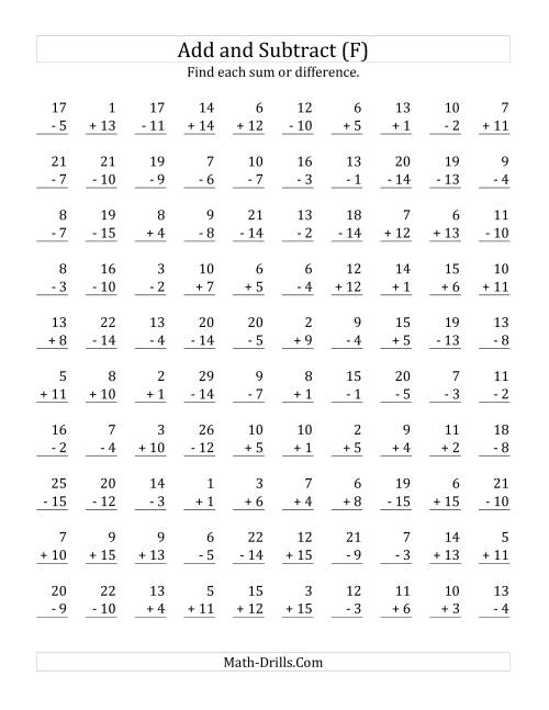 The Adding and Subtracting with Facts From 1 to 15 (F) Math Worksheet