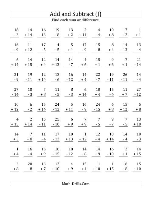 The Adding and Subtracting with Facts From 1 to 15 (J) Math Worksheet