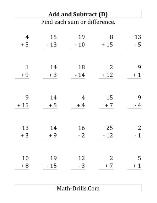 The Adding and Subtracting with Facts From 1 to 15 (D) Math Worksheet