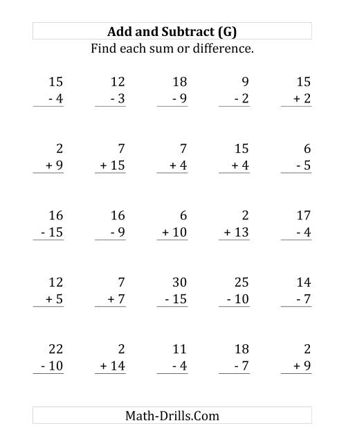 The Adding and Subtracting with Facts From 1 to 15 (G) Math Worksheet