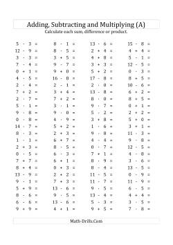 100 Horizontal Addition/Subtraction/Multiplication Questions (Facts 0 to 9) Euro Format