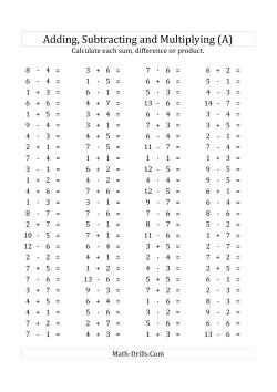 100 Horizontal Addition/Subtraction/Multiplication Questions (Facts 1 to 7) Euro Format