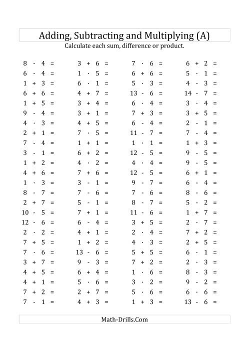 The 100 Horizontal Addition/Subtraction/Multiplication Questions (Facts 1 to 7) Euro Format (All) Math Worksheet