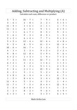 100 Horizontal Addition/Subtraction/Multiplication Questions (Facts 1 to 9) Euro Format