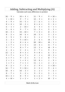 100 Horizontal Addition/Subtraction/Multiplication Questions (Facts 1 to 10) Euro Format