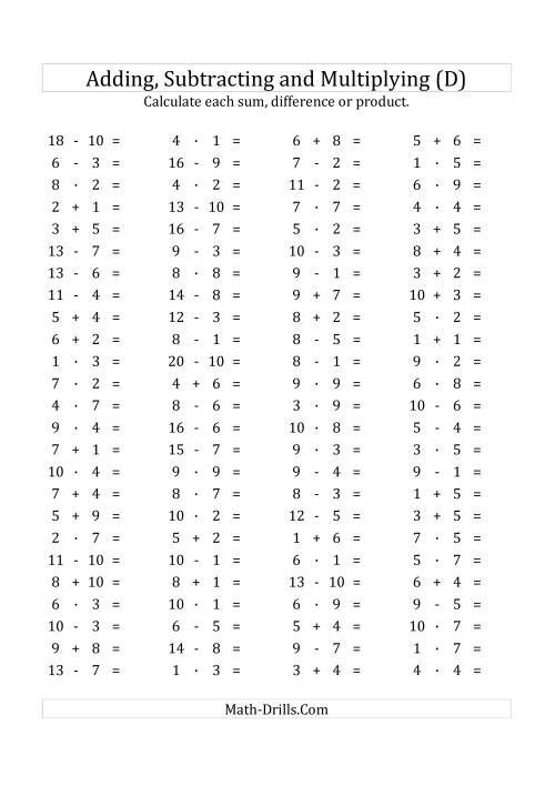 The 100 Horizontal Addition/Subtraction/Multiplication Questions (Facts 1 to 10) Euro Format (D) Math Worksheet