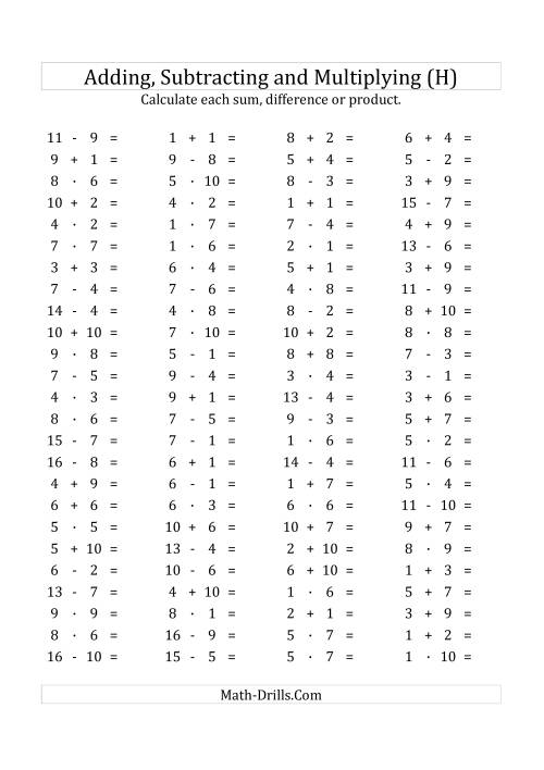 The 100 Horizontal Addition/Subtraction/Multiplication Questions (Facts 1 to 10) Euro Format (H) Math Worksheet