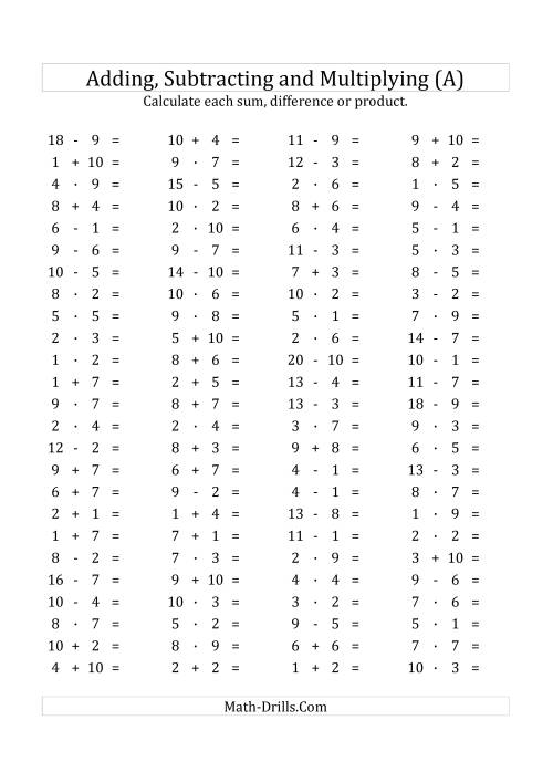 The 100 Horizontal Addition/Subtraction/Multiplication Questions (Facts 1 to 10) Euro Format (All) Math Worksheet