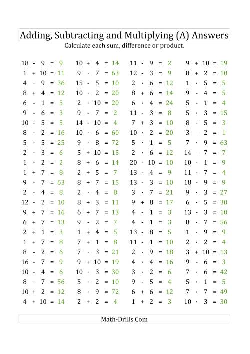 The 100 Horizontal Addition/Subtraction/Multiplication Questions (Facts 1 to 10) Euro Format (All) Math Worksheet Page 2