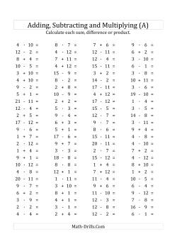 100 Horizontal Addition/Subtraction/Multiplication Questions (Facts 1 to 12) Euro Format