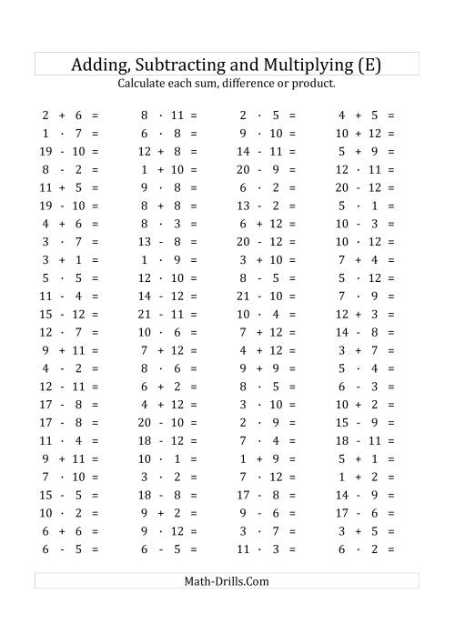 The 100 Horizontal Addition/Subtraction/Multiplication Questions (Facts 1 to 12) Euro Format (E) Math Worksheet