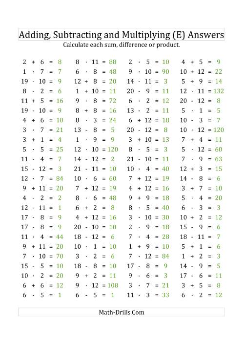 The 100 Horizontal Addition/Subtraction/Multiplication Questions (Facts 1 to 12) Euro Format (E) Math Worksheet Page 2