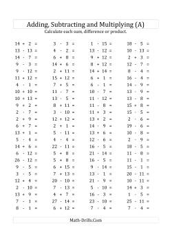100 Horizontal Addition/Subtraction/Multiplication Questions (Facts 1 to 15) Euro Format