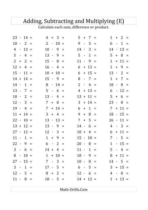 The 100 Horizontal Addition/Subtraction/Multiplication Questions (Facts 1 to 15) Euro Format (E) Math Worksheet
