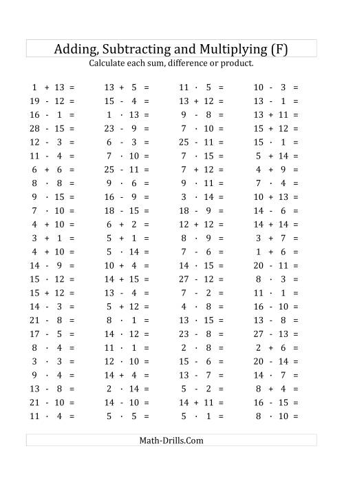 The 100 Horizontal Addition/Subtraction/Multiplication Questions (Facts 1 to 15) Euro Format (F) Math Worksheet