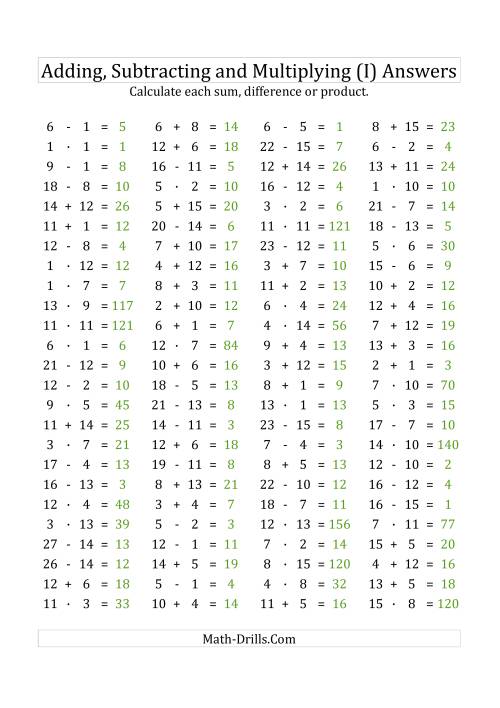 The 100 Horizontal Addition/Subtraction/Multiplication Questions (Facts 1 to 15) Euro Format (I) Math Worksheet Page 2