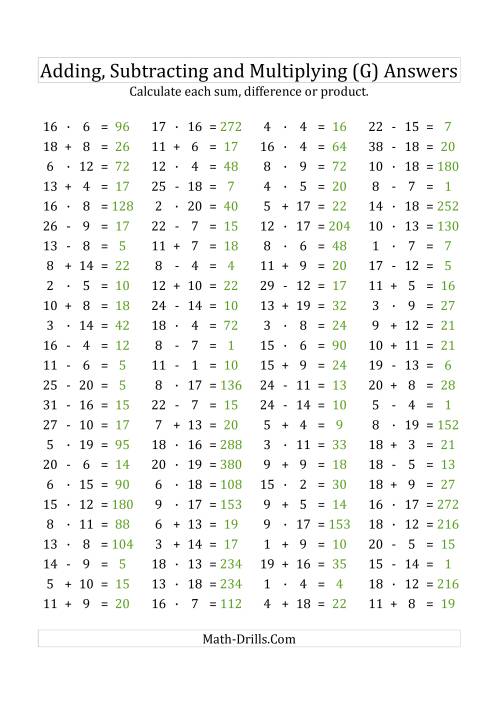 The 100 Horizontal Addition/Subtraction/Multiplication Questions (Facts 1 to 20) Euro Format (G) Math Worksheet Page 2