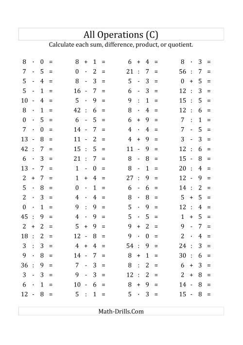 The 100 Horizontal Mixed Operations Questions (Facts 0 to 9) Euro Format (C) Math Worksheet