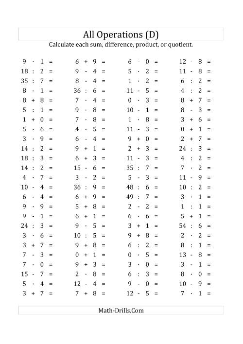 The 100 Horizontal Mixed Operations Questions (Facts 0 to 9) Euro Format (D) Math Worksheet