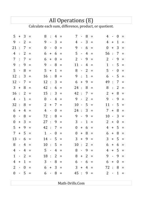 The 100 Horizontal Mixed Operations Questions (Facts 0 to 9) Euro Format (E) Math Worksheet