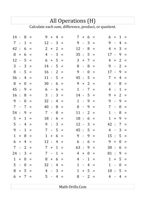 The 100 Horizontal Mixed Operations Questions (Facts 0 to 9) Euro Format (H) Math Worksheet