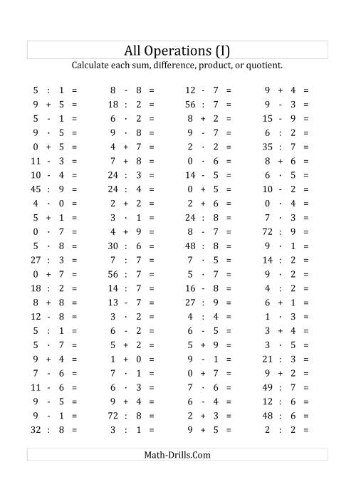 The 100 Horizontal Mixed Operations Questions (Facts 0 to 9) Euro Format (I) Math Worksheet