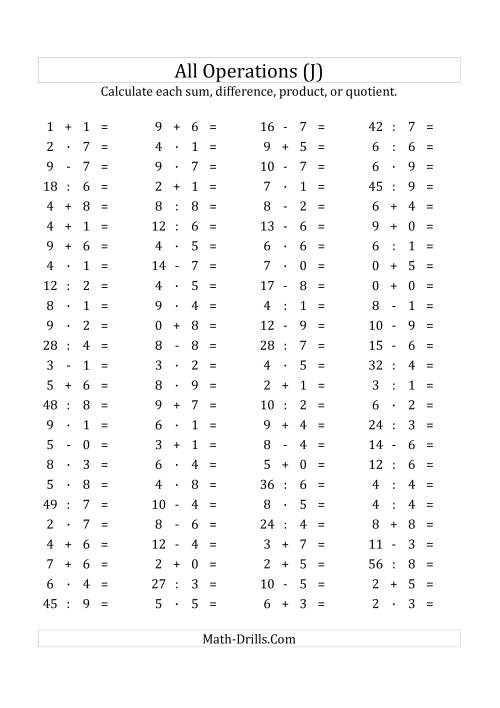 The 100 Horizontal Mixed Operations Questions (Facts 0 to 9) Euro Format (J) Math Worksheet